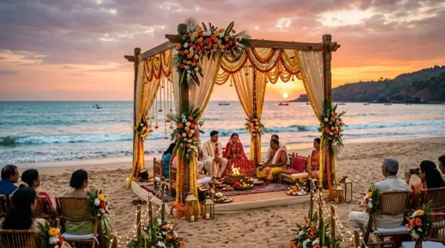 Oceanfront beach wedding ceremony with traditional floral mandap at sunset
