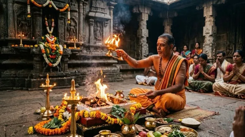 Vedic purohit performing sacred homa and aarti with holy fire in Gokarna sanctum