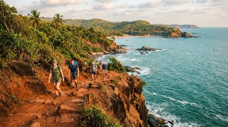 Happy trekkers navigating panoramic cliff trail overlooking the Arabian Sea